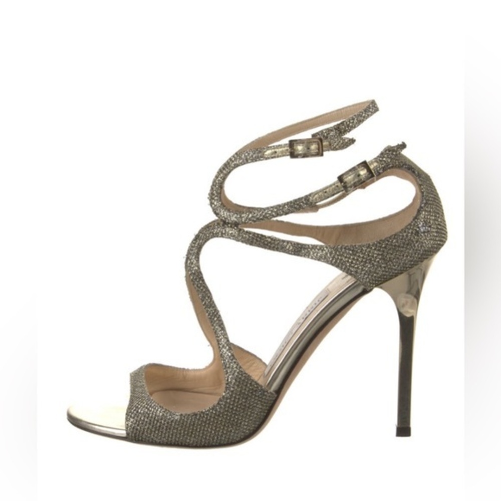 JIMMY CHOO LANCE GOLD METALLIC SANDALS, SZ 37.5